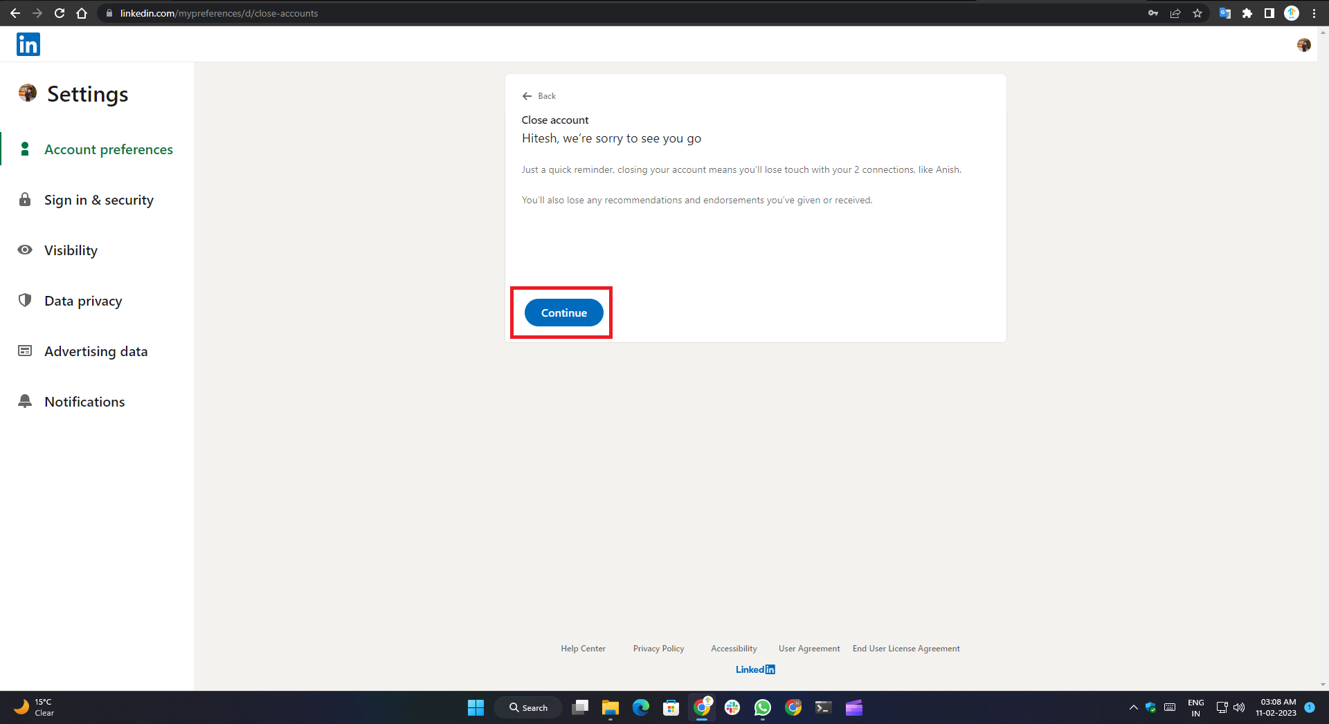 how to delete linkedin account- continue