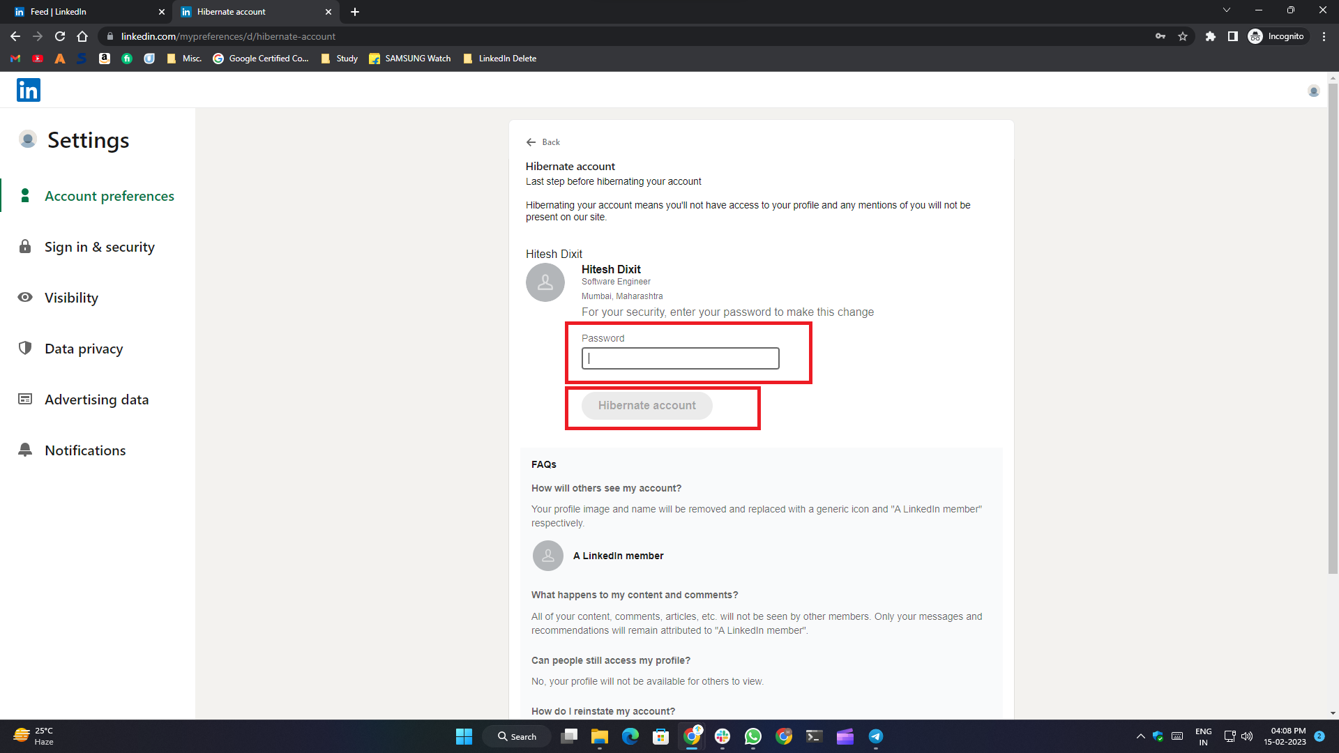 how to delete linkedin account- final step for hibernation