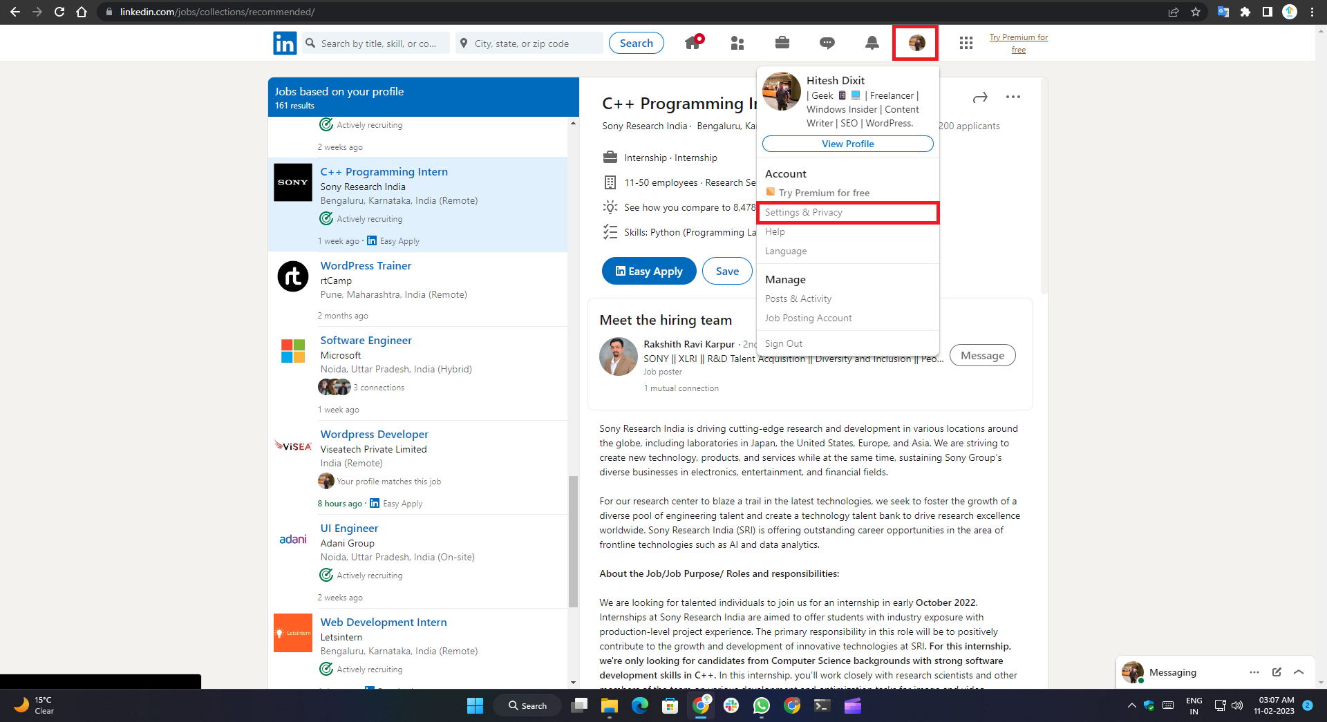 how to delete linkedin account- account settings page on browser