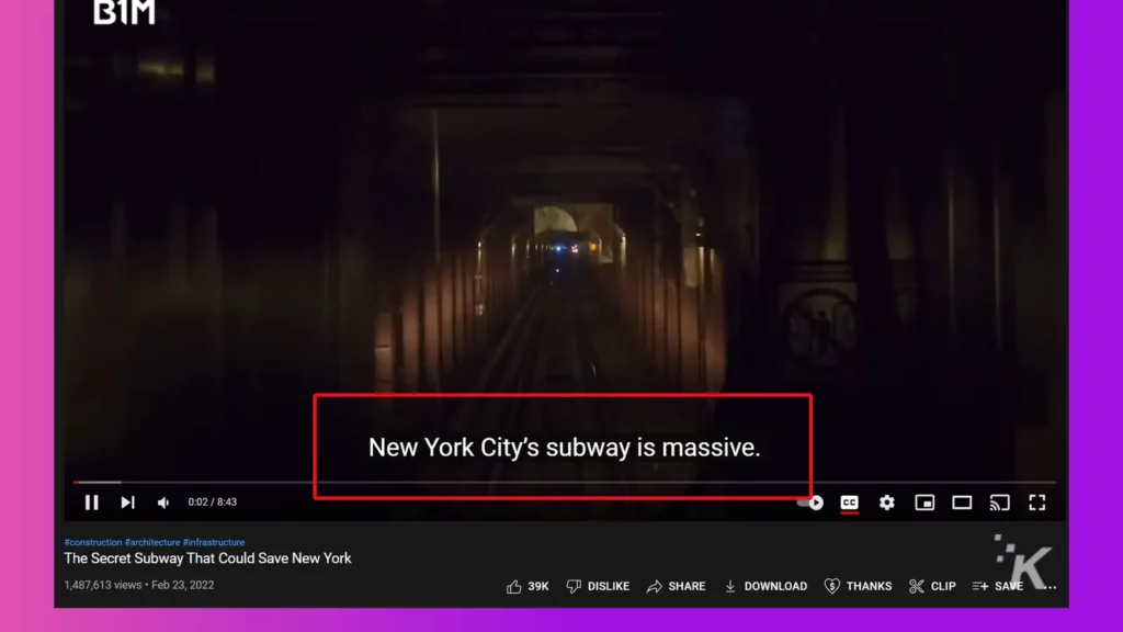 YouTube クローズド キャプションの例