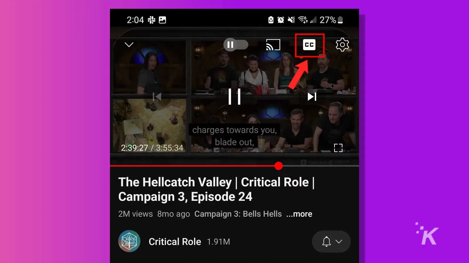YouTube モバイルのクローズド キャプション ボタンをオンにしました