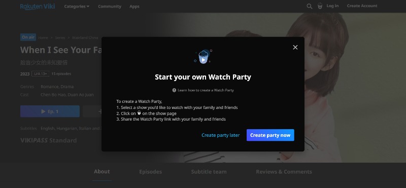 viki webiste 新觀看派對功能 image showing watch party feature on viki website