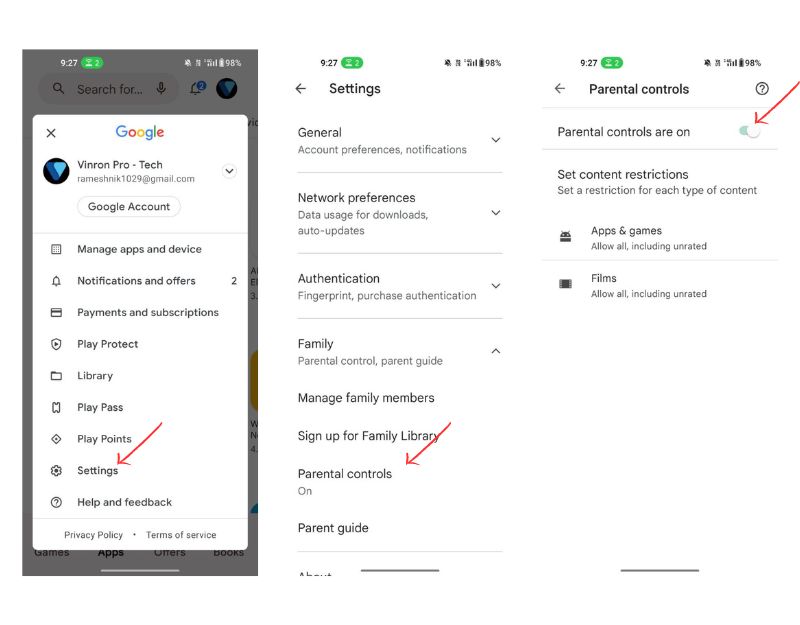 image showing google play parental controls