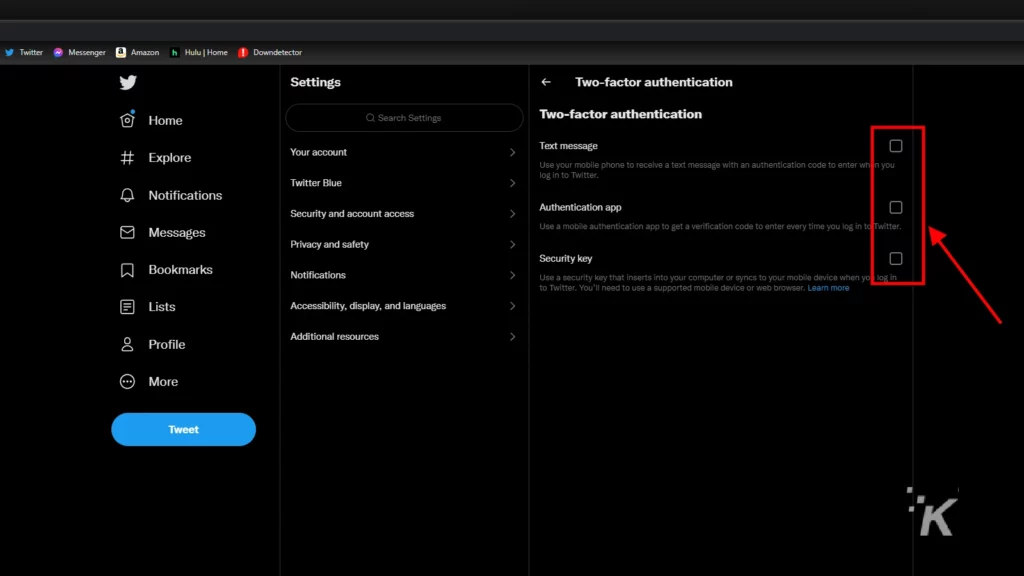 Twitter Web サイトの 2 要素認証オプション