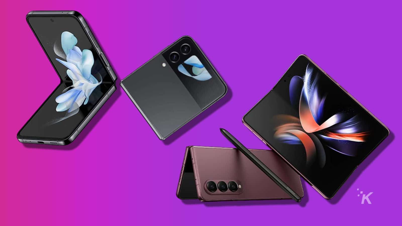 紫色の背景にサムスン ギャラクシー z シリーズ スマート フォン