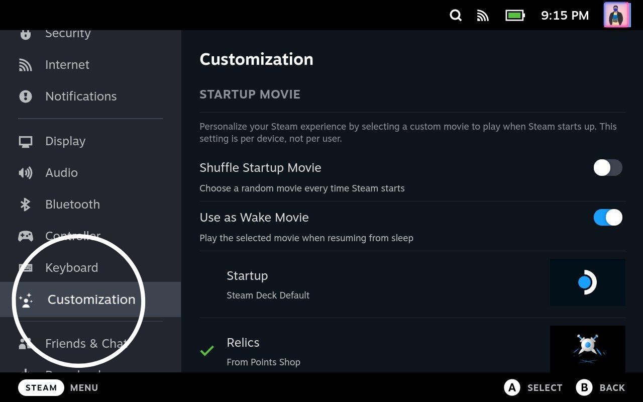 customization menu on steam deck