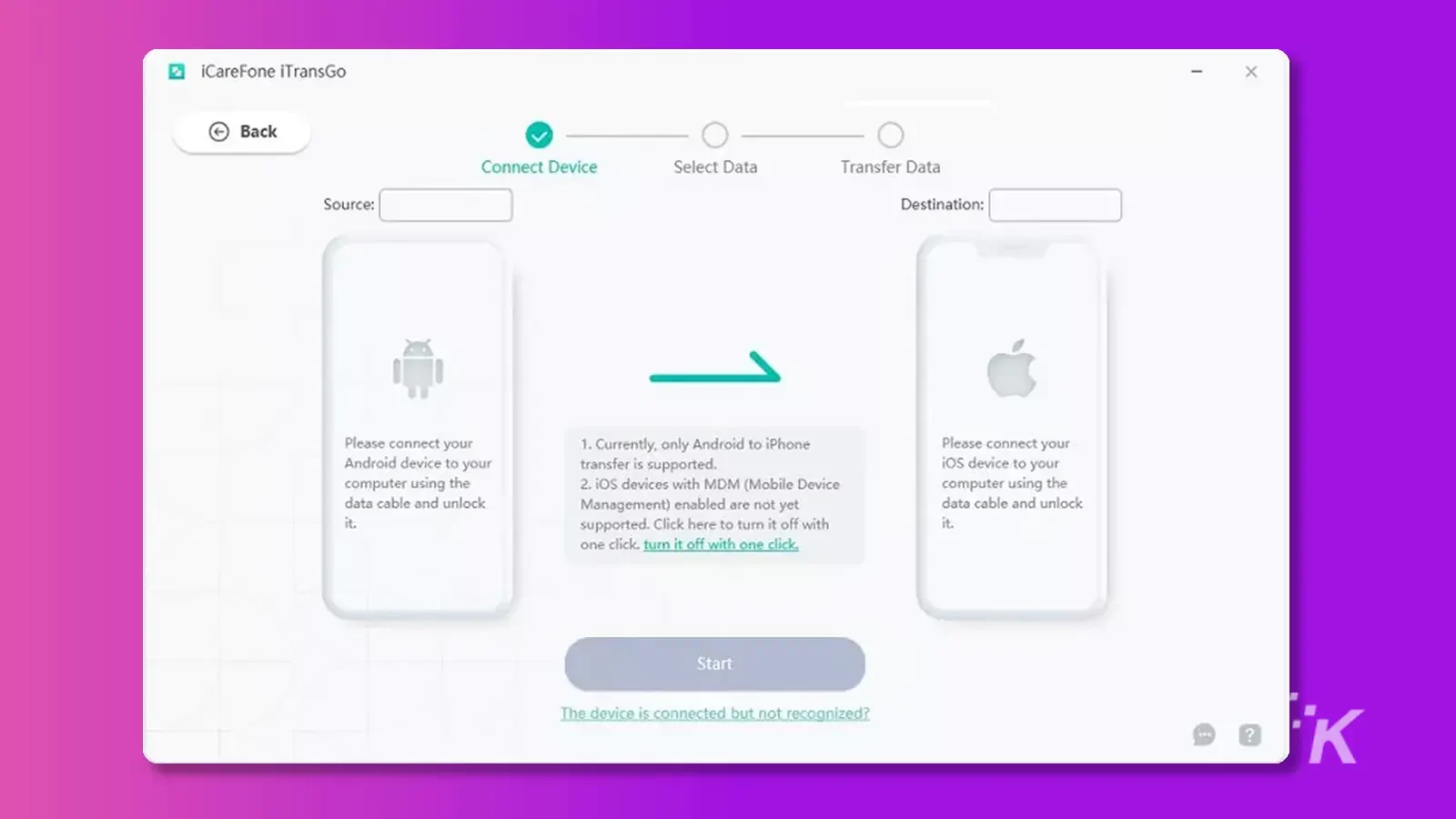 Connecter l'écran de l'appareil sur fond violet