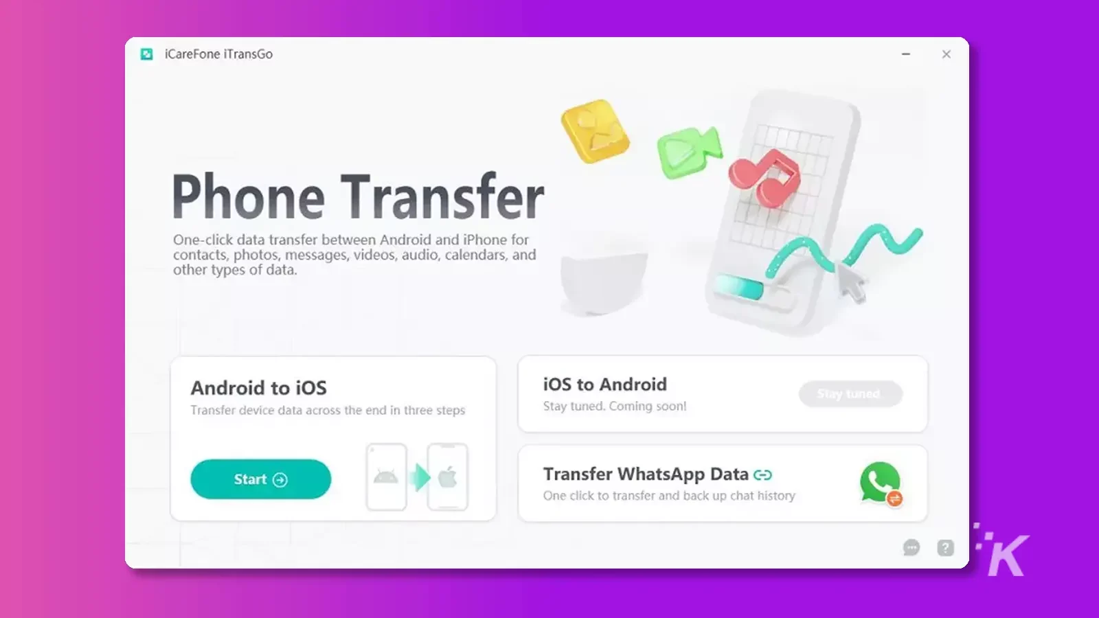Écran de transfert de téléphone sur fond violet