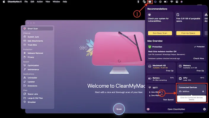 Подключенные устройства в CleanMyMac-X