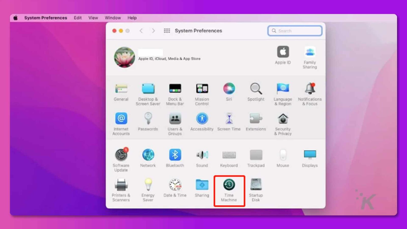 Time Machine disorot pada preferensi sistem Mac