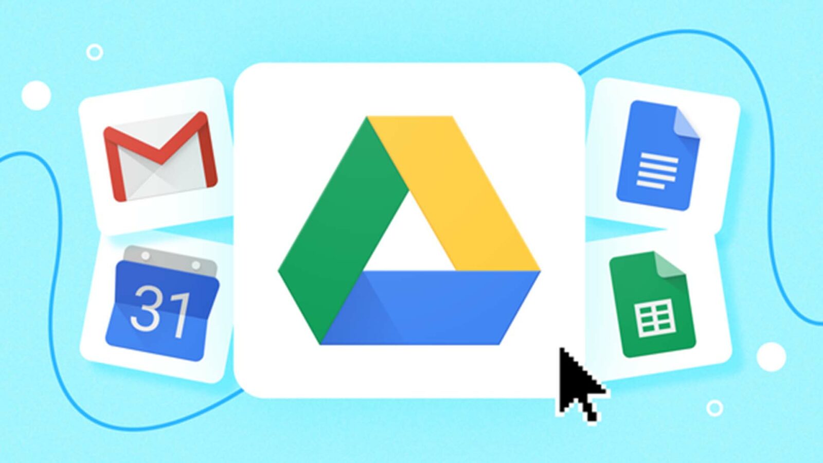 Ikon Google Drive dengan surat dan ikon lainnya dengan latar belakang biru muda