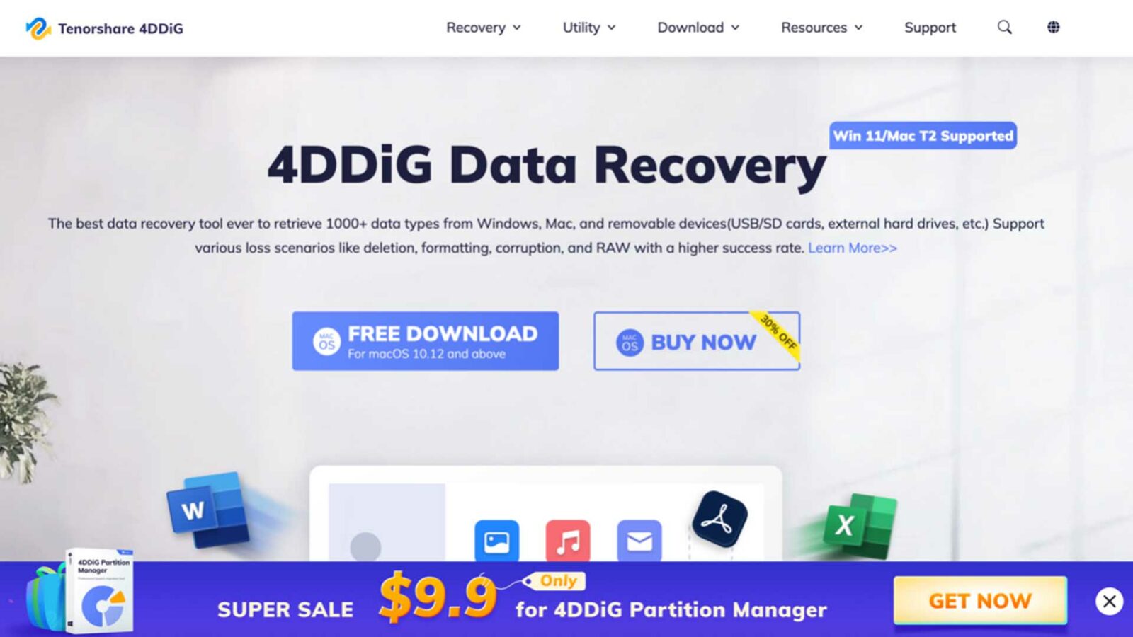 Gambar ini mengiklankan perangkat lunak 4DDIG Recovery and Partition Manager milik Tenorshare, menawarkan diskon 30% dan obral $9,9 untuk Partition Manager. Teks Lengkap: Pemulihan 4DDIG Tenorshare v Utilitas v Unduh v Sumber Daya v Mendukung Pemulihan Data 4DDIG Win 11/Mac T2 Didukung Alat pemulihan data terbaik untuk mengambil 1000+ tipe data dari Windows, Mac, dan perangkat yang dapat dilepas (kartu USB/SD, eksternal hard drive, dll.) Mendukung berbagai skenario kerugian seperti penghapusan, pemformatan, korupsi, dan RAW dengan tingkat keberhasilan yang lebih tinggi. Pelajari Lebih Lanjut>> DISKON 30% os UNDUHAN GRATIS Untuk macOS 10.12 dan di atasnya OS BELI SEKARANG W X 4DDIG Partition Manager $9.9 Hanya SUPER SALE untuk 4DDiG Partition Manager DAPATKAN SEKARANG X