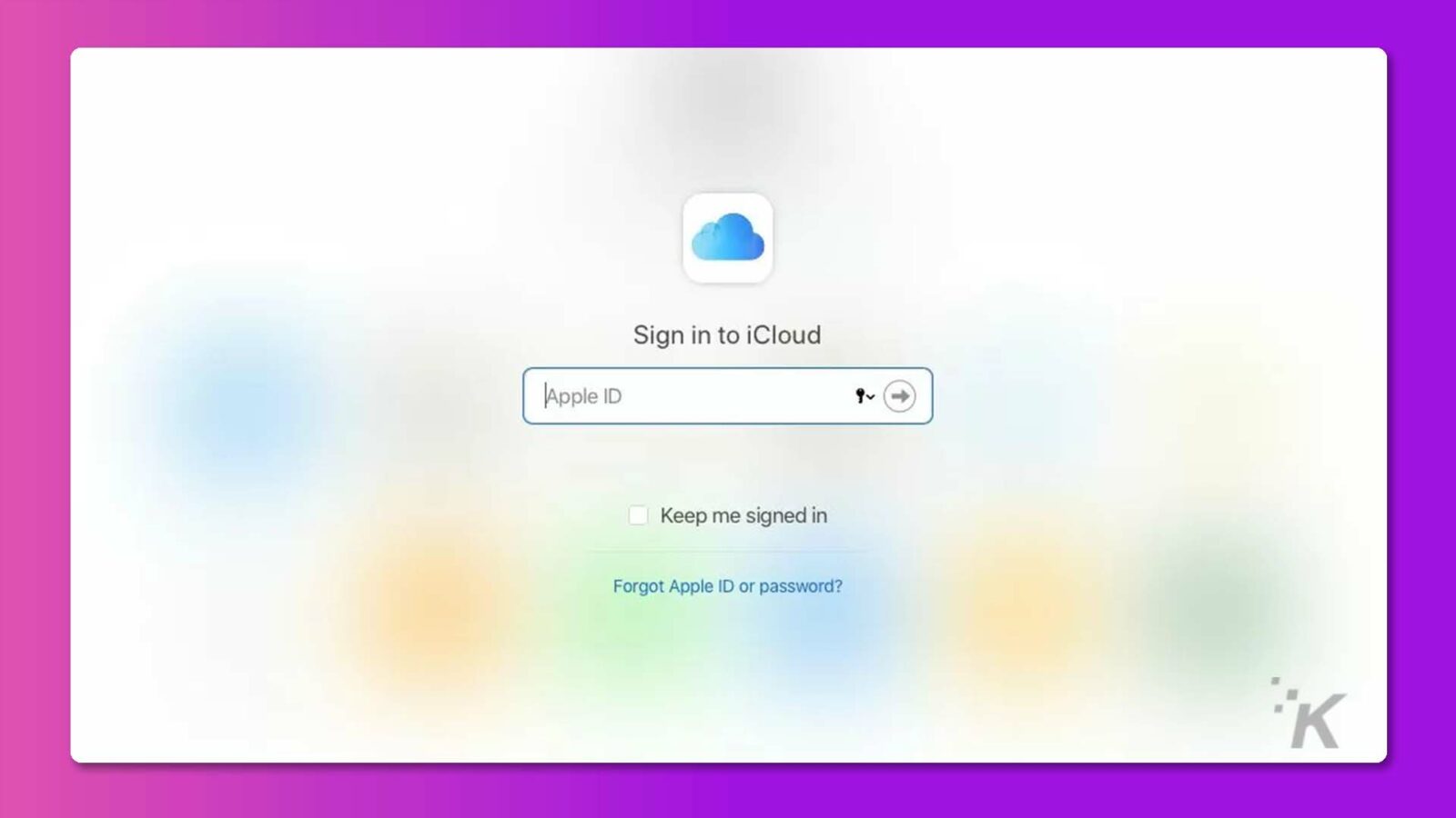 Layar masuk iCloud di komputer Mac.