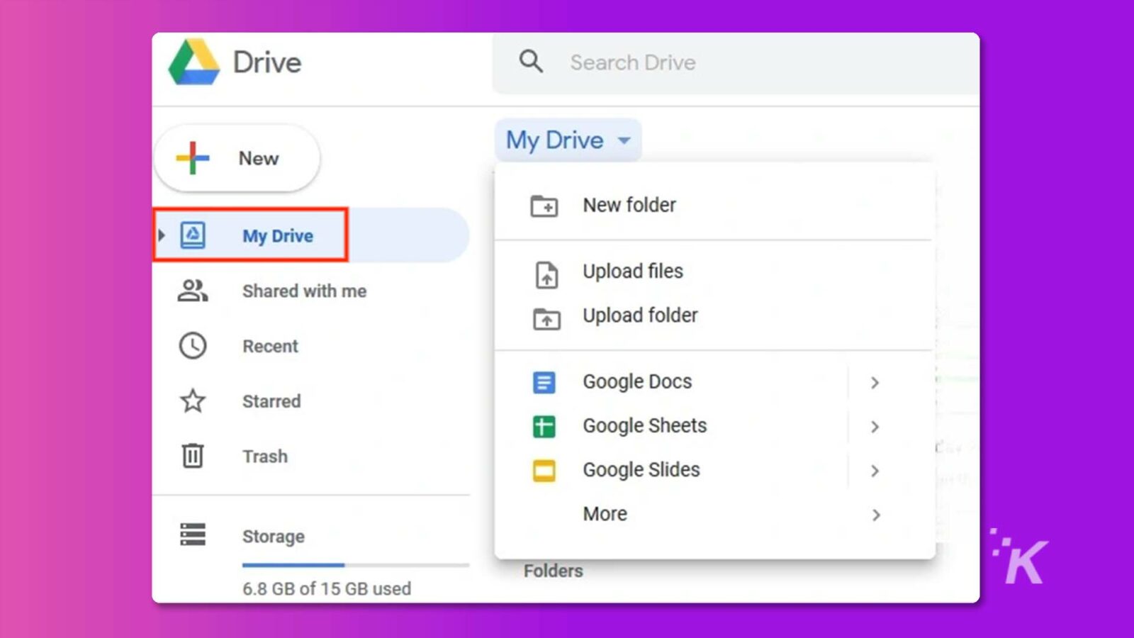 Seorang pengguna sedang melihat Google Drive mereka, yang menunjukkan folder yang mereka miliki, berapa banyak penyimpanan yang mereka gunakan, dan berapa banyak penyimpanan yang tersedia.