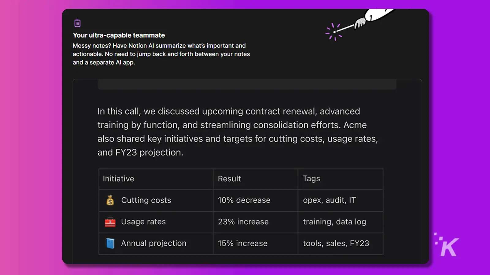 紫色背景的Notion AI匯總界面