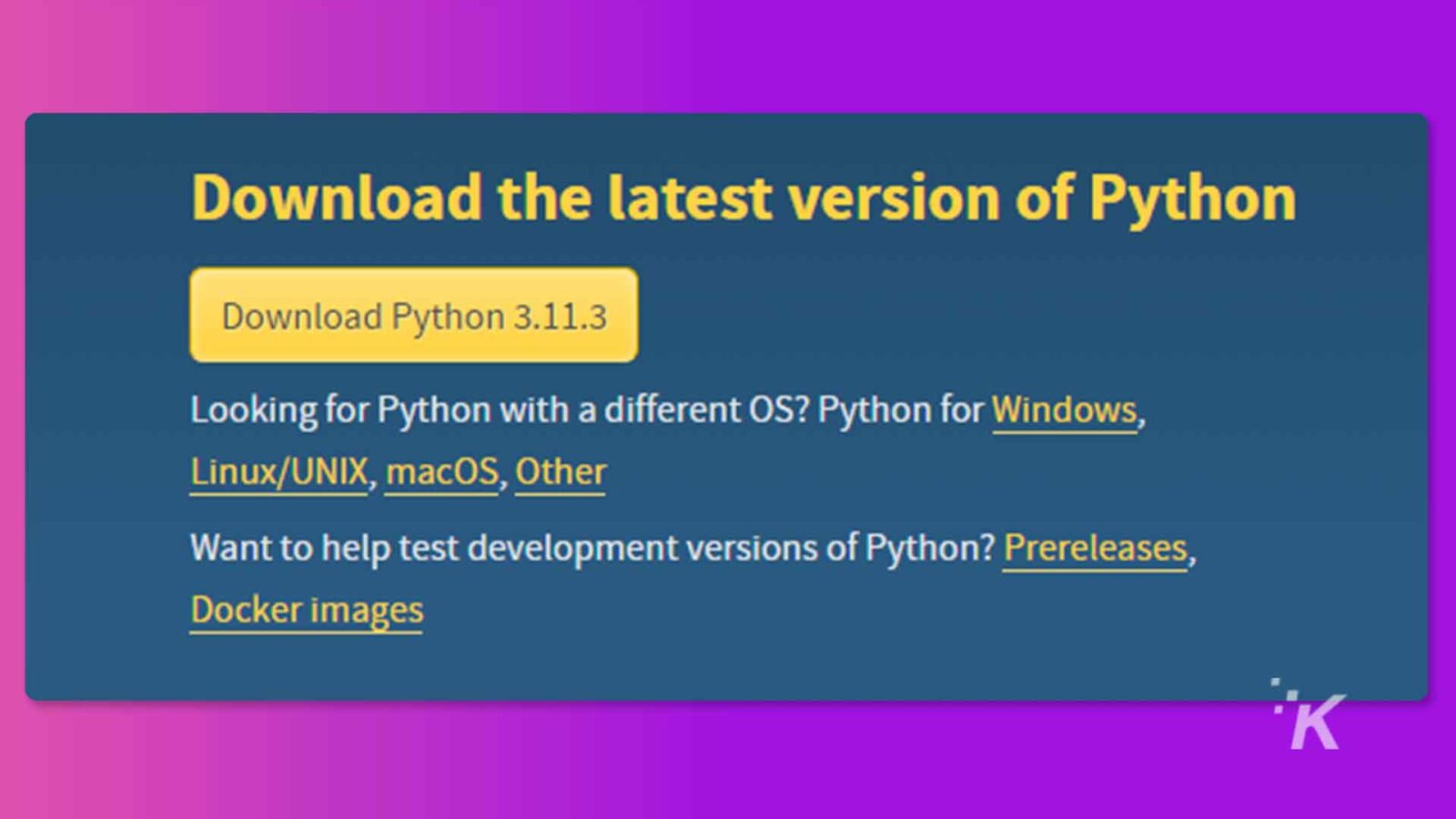 На этом изображении приведены инструкции по загрузке последней версии Python для Windows, Linux/UNIX, macOS и других операционных систем. Полный текст: Загрузите последнюю версию Python. Загрузите Python 3.11.3. Ищете Python с другой ОС? Python для Windows, Linux/UNIX, macOS и др. Хотите помочь протестировать разрабатываемые версии Python? Пререлизы, образы Docker "K
