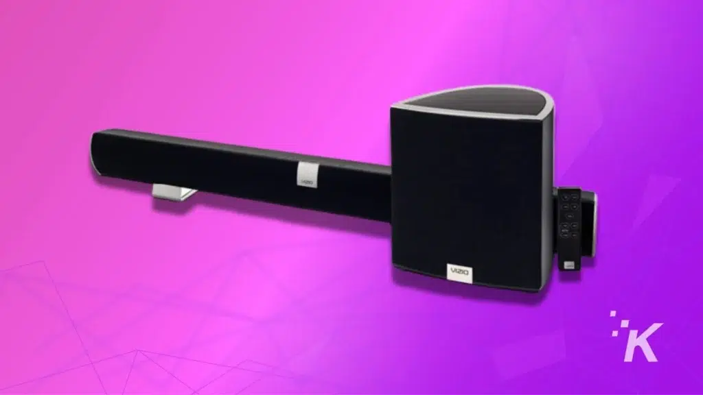紫色の背景にある vizio サウンドバー スピーカー システムのイメージ