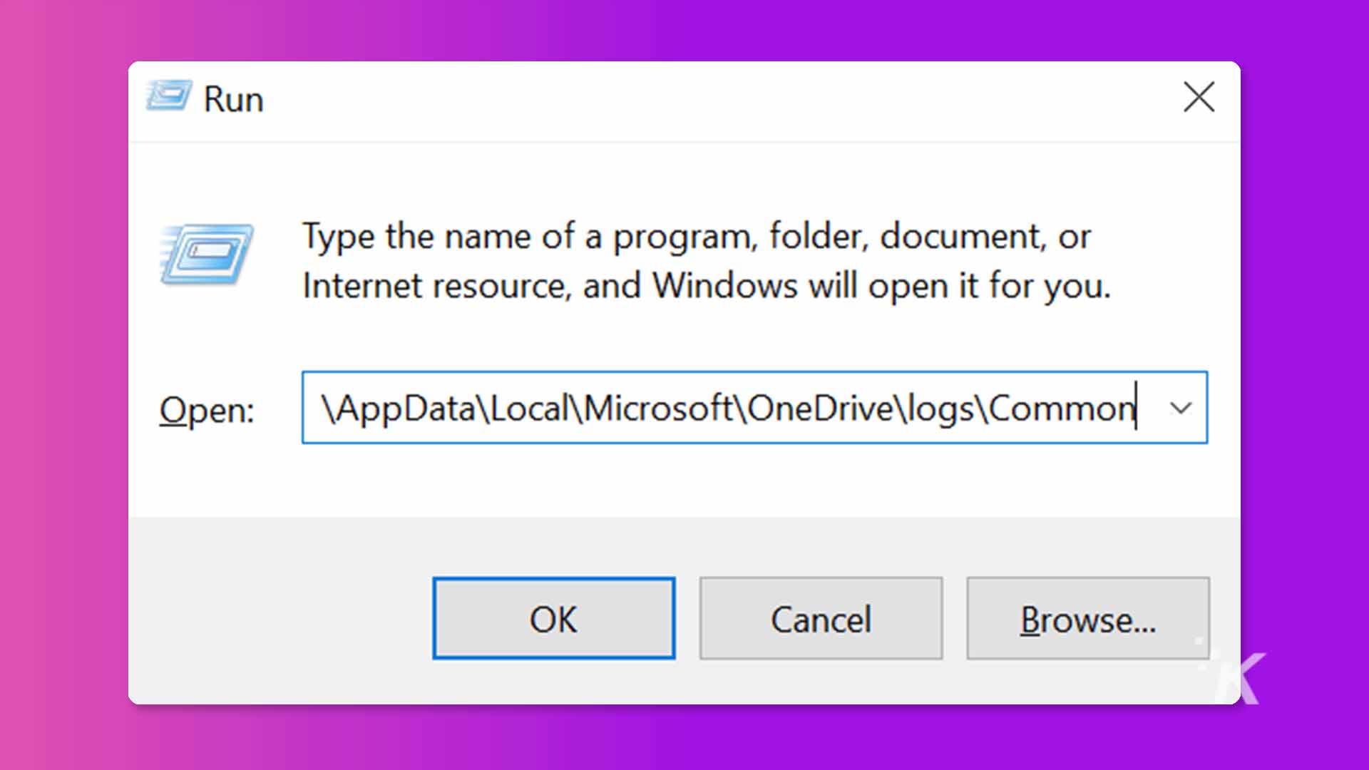 L'immagine mostra una finestra che consente all'utente di cercare un programma, una cartella, un documento o una risorsa Internet da aprire. Testo completo: esegui X Digita il nome di un programma, cartella, documento o risorsa Internet e Windows lo aprirà per te. Apri: AppDataLocalMicrosoftOneDrivelogsCommon v OK Annulla Sfoglia...