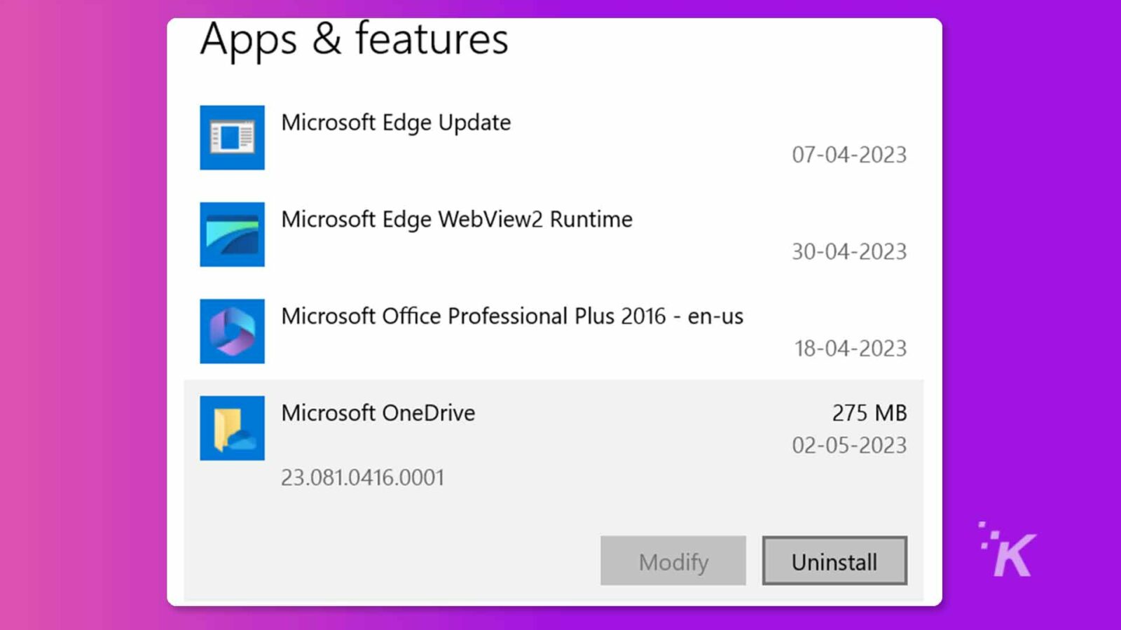 Questa immagine mostra un elenco di prodotti Microsoft e i relativi aggiornamenti, date di rilascio e dimensioni. Testo completo: App e funzionalità Microsoft Edge Update 07-04-2023 Microsoft Edge WebView2 Runtime 30-04-2023 Microsoft Office Professional Plus 2016 - it-it 18-04-2023 Microsoft OneDrive 275 MB 02-05-2023 23.081.0416.0001 · K Modifica Disinstalla