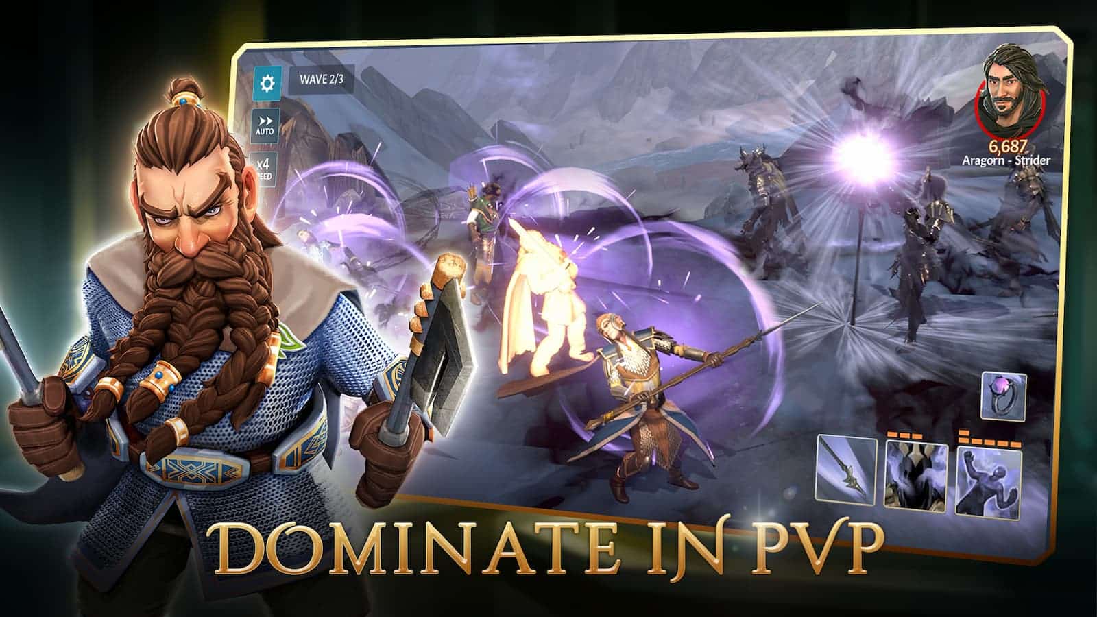 Czterech graczy rywalizuje w grze Player vs Player (PvP), a jeden z nich, Aragorn-Strider, dominuje w rywalizacji. Pełny tekst: WAVE 2/3 AUTO 6687. ×4 Aragorn — Strider DOMINUJE W PVP