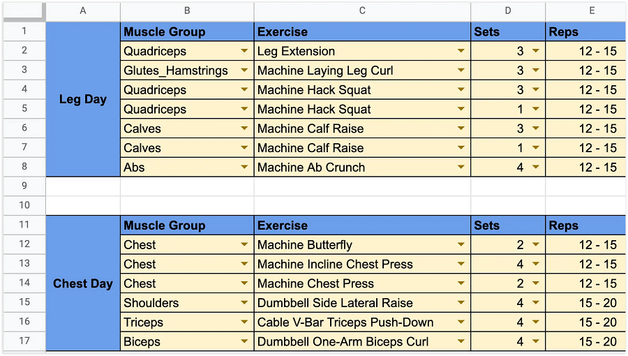 Plantilla dividida de entrenamiento Workout Split Template