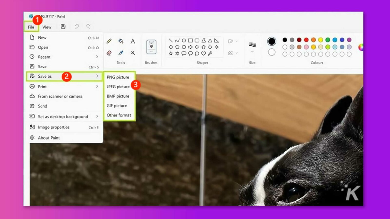 Bu resimde, kullanıcı bir resmi Microsoft Paint'te masaüstü arka planı olarak açma, kaydetme, yazdırma ve ayarlama seçeneklerini görüntülüyor. Tam Metin: 1 KG_9117 - Boya Dosyası Görünümü Yeni -N A WODOBAD 0 CuloO'yu Aç 00000000 Son Diş Fırçaları Şekiller Sinüs Renkler 19 Ctr1-S'yi Kaydet 2 PNG resmi olarak kaydet JPEG resmi yazdır 3 Tarayıcıdan veya kameradan BMP resmi Kum GIF resmi 27 Masaüstü olarak ayarla arka plan Diğer biçim Görüntü özellikleri Kıvrılma . E Boya K Hakkında