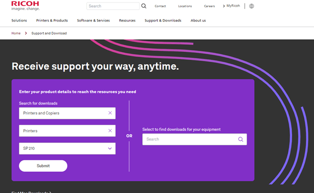 search for Ricoh SP 210 driver in the official website
