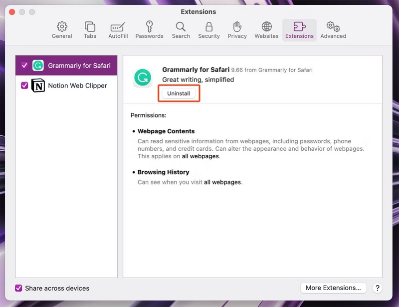 safari extensions uninstall settings on mac