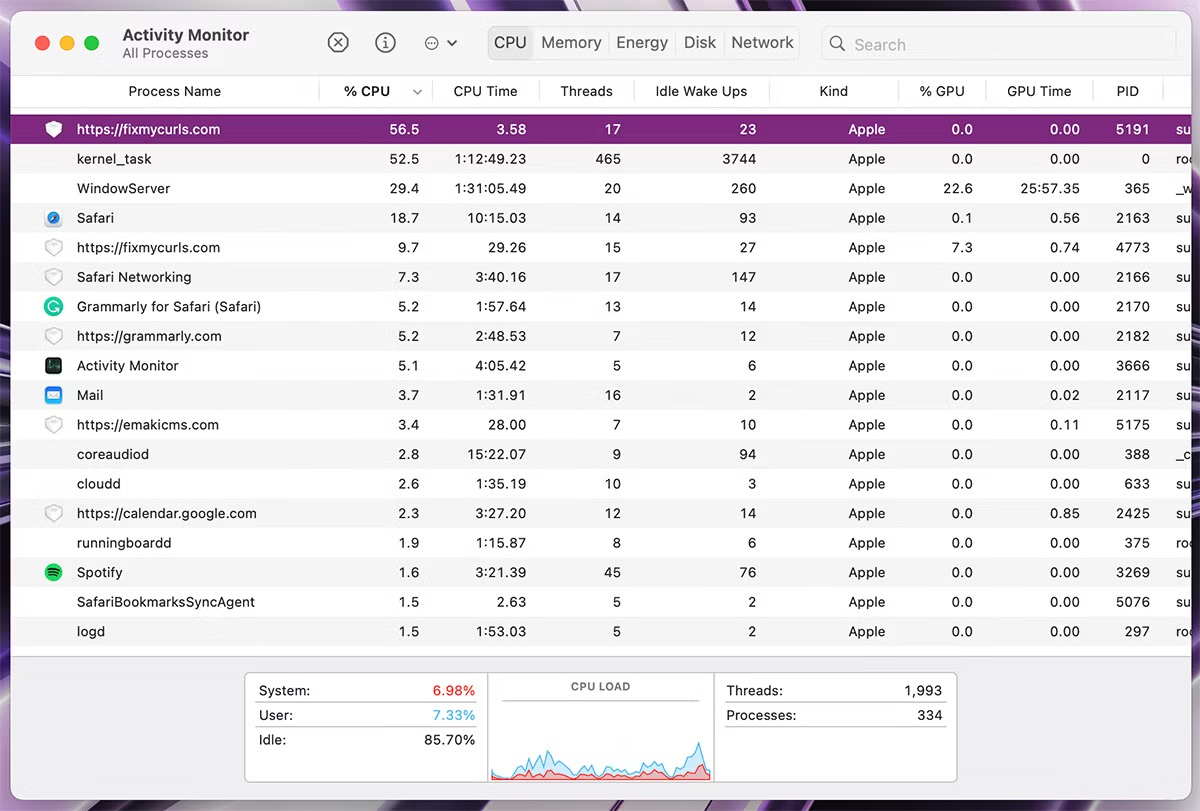 activity monitor showing running processes on mac in decreasing order by cpu usage