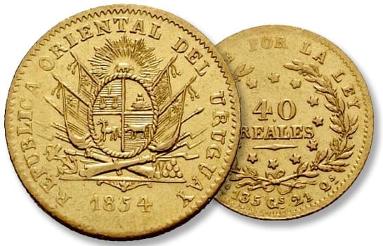 Collectionnez des pièces de monnaie antiques d'Uruguay 7 40 reales de oro de 1854