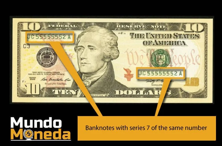 Tabla de números de serie de billetes valiosos que buscan los coleccionistas 15 Banknotes with series 7 of the same number