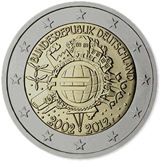Moeda de 2 euros da Alemanha 2020 - BRANDENBURG 14 Moneda 2 Euros Alemania 2012 10 ANOS DE LAS MONEDAS Y BILLETES DE EURO