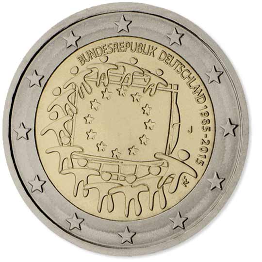 Moeda de 2 euros da Alemanha 2020 - BRANDENBURG 20 Moneda 2 Euros Alemania 2015 30 ANIVERSARIO DE LA BANDERA DE LA UNION EUROPEA