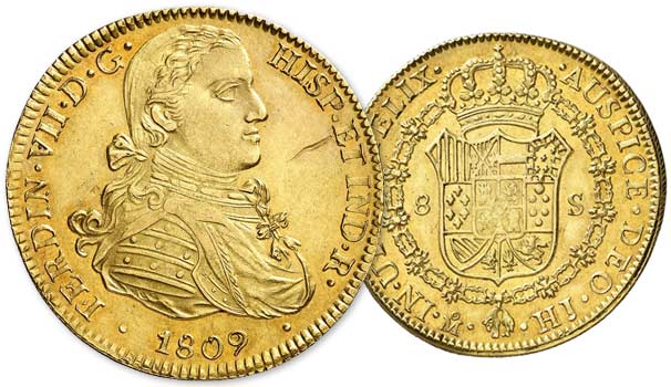 العملات المعدنية المكسيكية العتيقة: دليل شامل لهواة الجمع المبتدئين 6 Moneda de Busto. 8 Escudos "Fernando VII" 1806
