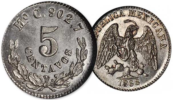العملات المعدنية المكسيكية العتيقة: دليل شامل لهواة الجمع المبتدئين 16 Moneda Republicana (sistema decimal) 5 Centavos 1868