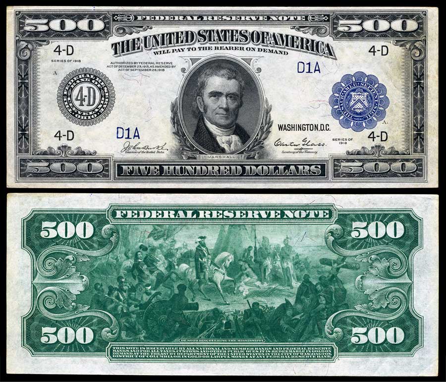 Billets de 500 dollars, des objets de valeur qui valent des fortunes 4 Billete de 500 dolares con John Marshall