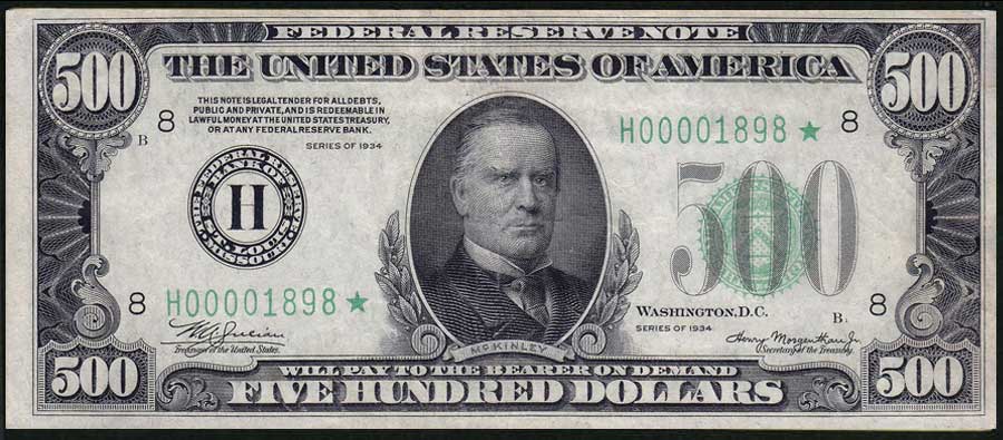 Billets de 500 dollars, objets de famille qui valent des fortunes 5 Billete de 500 dolares con William McKinley