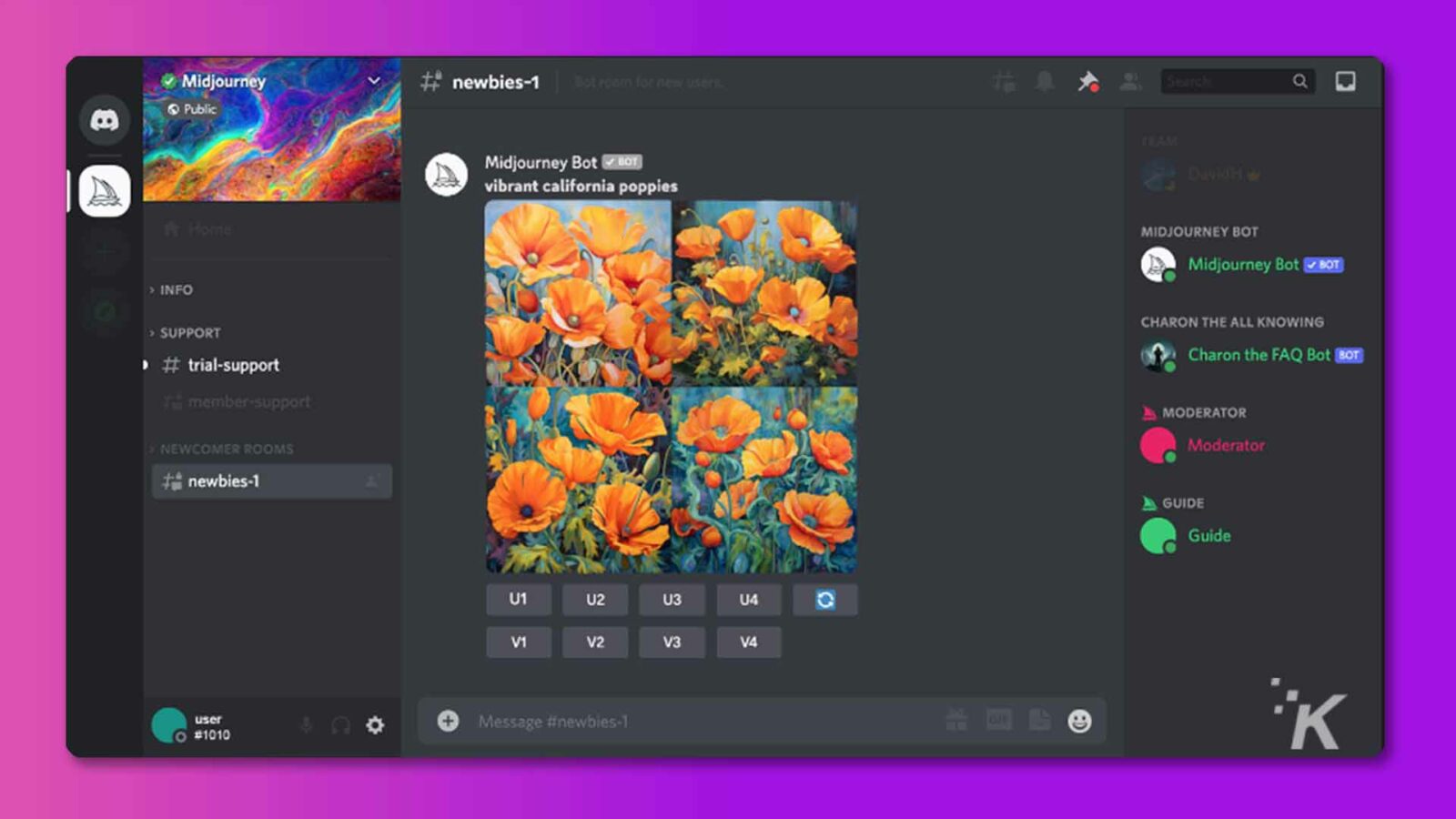 În această imagine, o cameră bot este închiriată utilizatorilor și este oferit un ghid pentru a-i ajuta să navigheze în cameră. Text complet: Midjourney newbies-1 cameră bot pentru închirierea utilizatorilor .. Public TEAM Midjourney Bot & LOT vibrant california poppies Acasă MIDJOURNEY BOT Midjourney Bot & BOT › INFO > SUPPORT CHARON THE ALL KNOWING # trial-support Charon FAQ Bot membru BOT- suport MODERATOR CAMERE NOI VENITI Moderator + începători-1 GHID Ghid U1 U2 U3 U4 V1 V2 V3 V4 IK usc Mesaj #newbies-1 O #1010