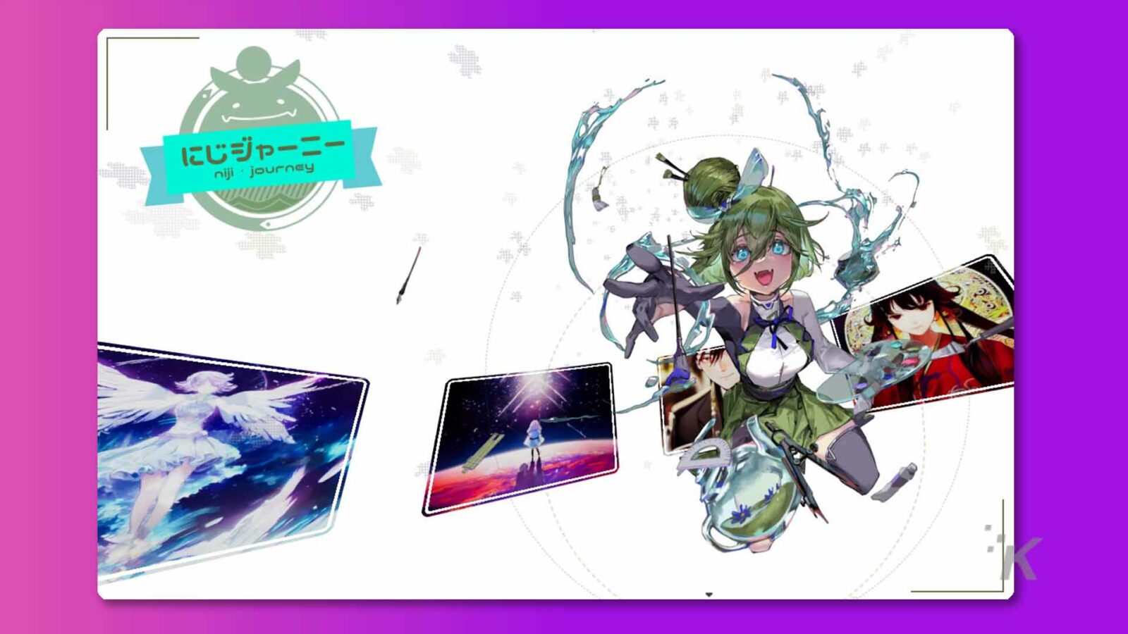 O ilustrare colorată a unui personaj anime cu elemente de design grafic, desen, grafică, schiță și artă text în fundal.