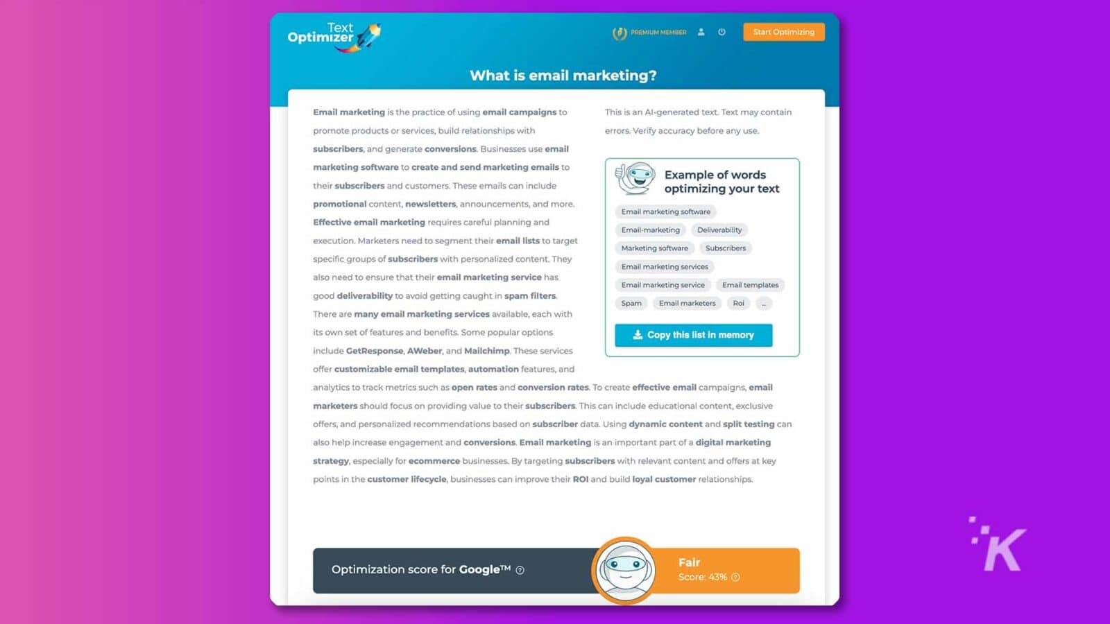 Software Text Optimizer con sección de marketing por correo electrónico