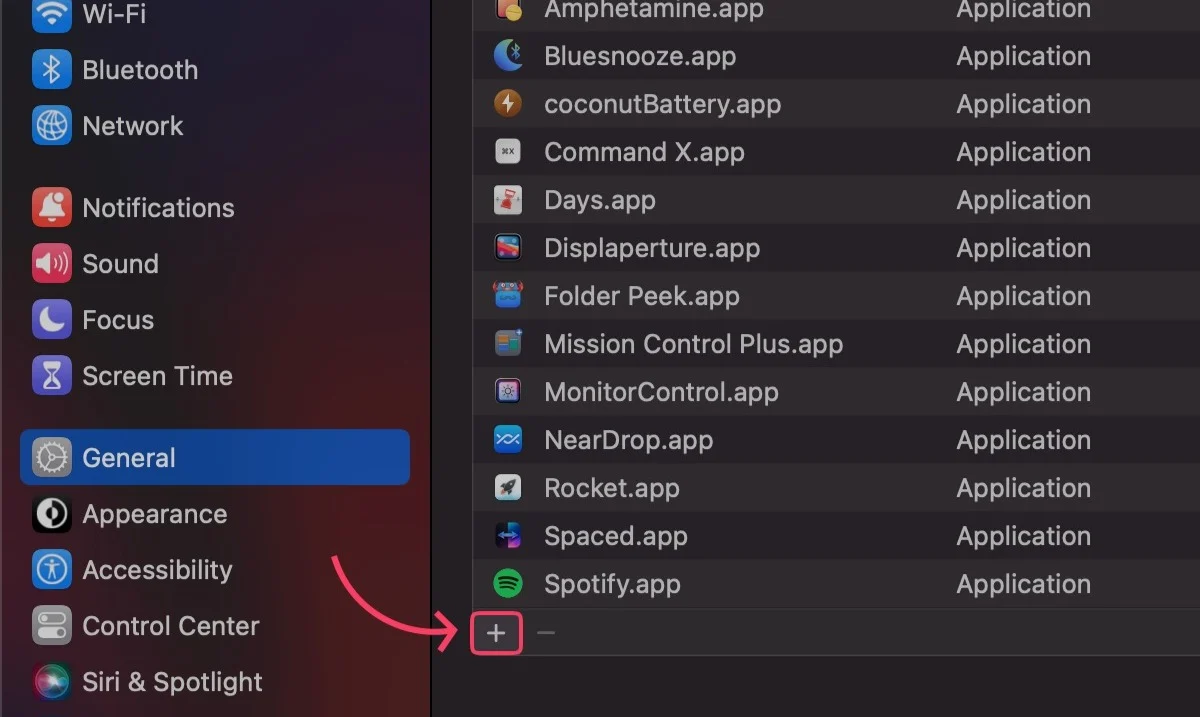 plus button to add startup programs