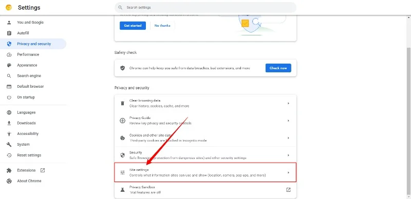 google chrome site settings