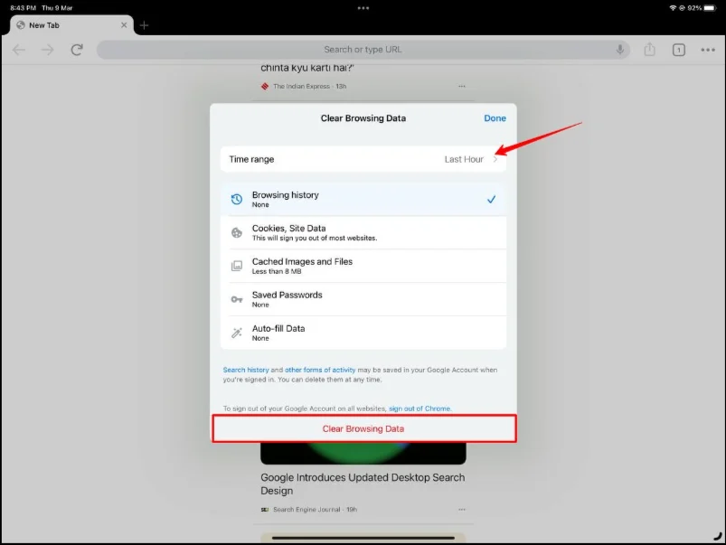 clear browsing data on ipad