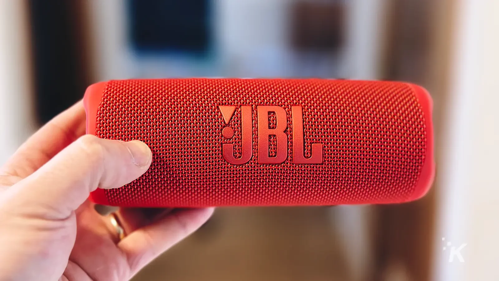 JBL Flip 6 taşınabilir hoparlör elinde kırmızı