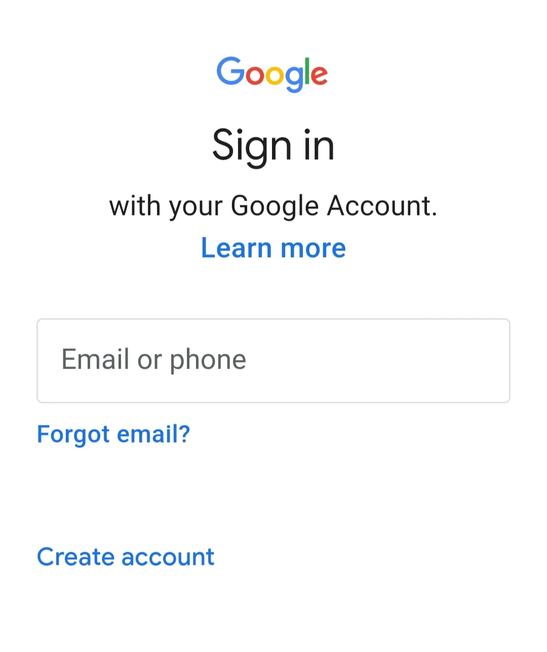 google account sign in page