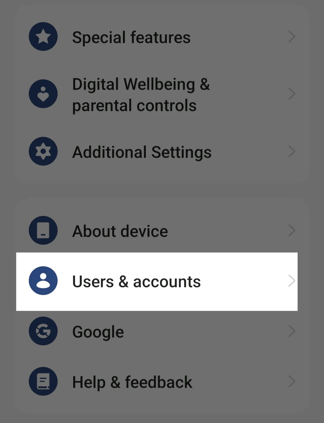 user and accounts tab in settings