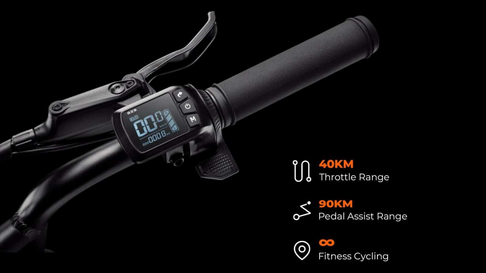 Lokówka z napisem ECO M L OD00008, oferująca 40 km przepustnicy i 90 km wspomagania pedałowania do jazdy na rowerze fitness.