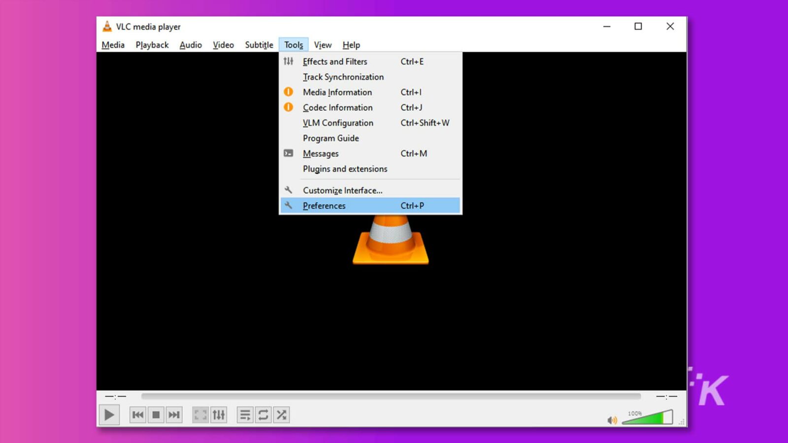 Das Bild zeigt ein Menü mit Optionen im VLC Media Player, darunter Audio- und Videowiedergabe, Untertitel-Tools, Effekte und Filter sowie Einstellungen. Vollständiger Text: & VLC Media Player - Plugins und Erweiterungen Benutzeroberfläche anpassen ... Einstellungen Strg+P K -- =:- K 14+ t1 1000