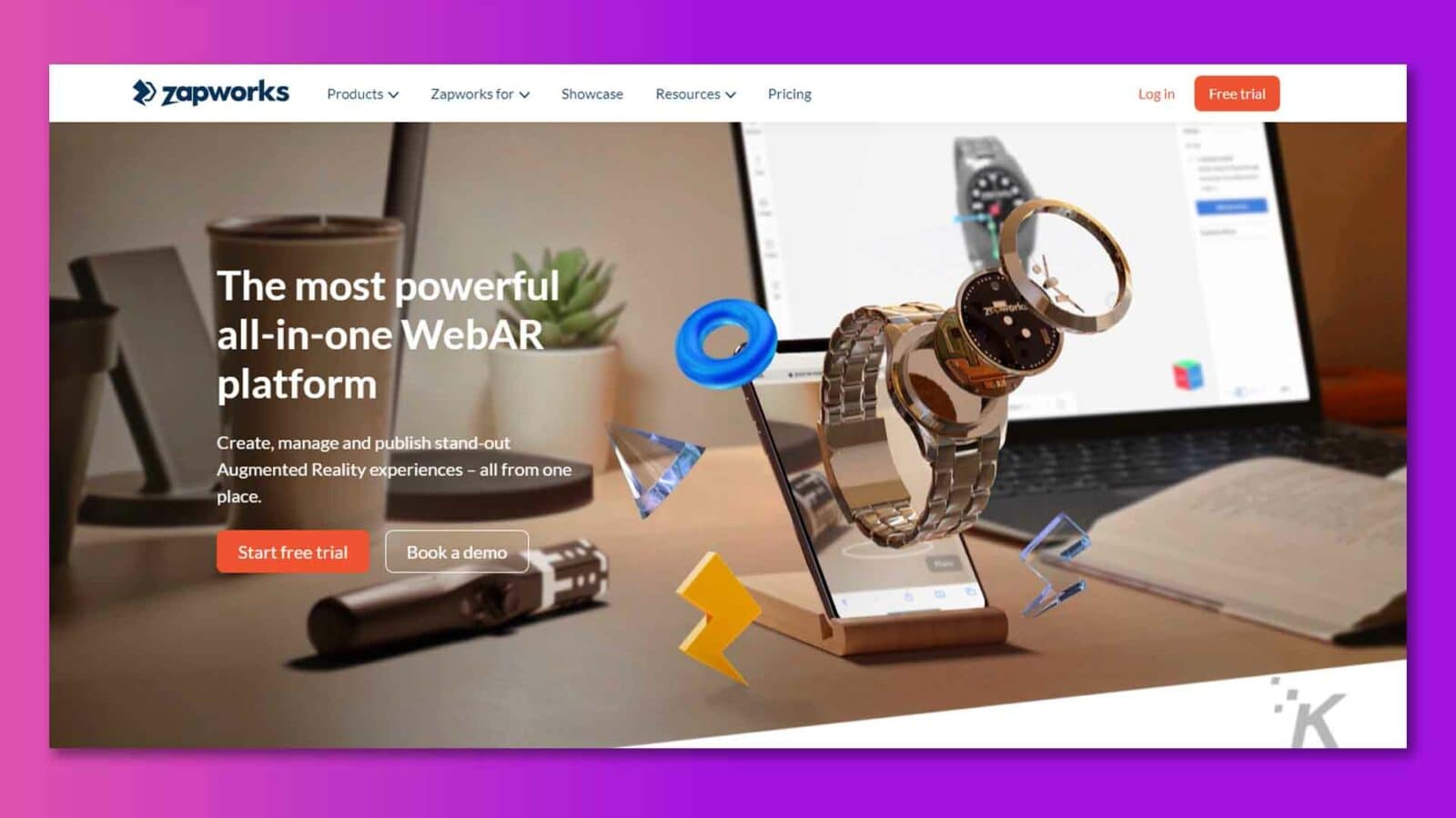 Ten obraz promuje Zapworks, wszechstronną platformę WebAR, prezentując jej produkty, zasoby, ceny oraz oferując bezpłatny okres próbny i demo. Pełny tekst: zapworks Produkty v Zapworks for v Zasoby Showcase v Cennik Zaloguj się Bezpłatna wersja próbna Najpotężniejsza platforma WebAR typu „wszystko w jednym” Twórz, zarządzaj i publikuj wyróżniające się doświadczenia rzeczywistości rozszerzonej — wszystko z jednego miejsca. Rozpocznij bezpłatny okres próbny Zarezerwuj demo „K