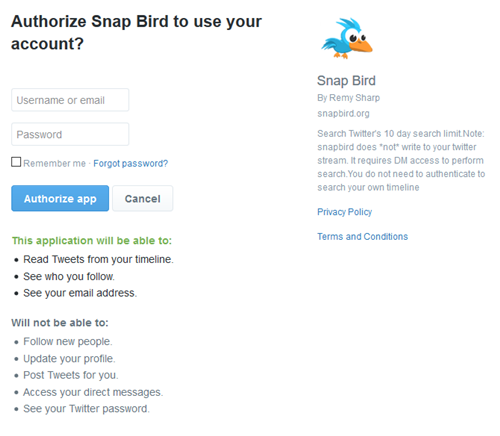 Autorizza Snap Bird